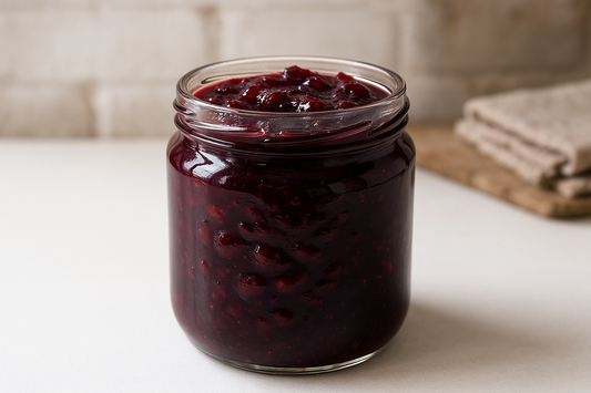 organic plum jam in glass jar