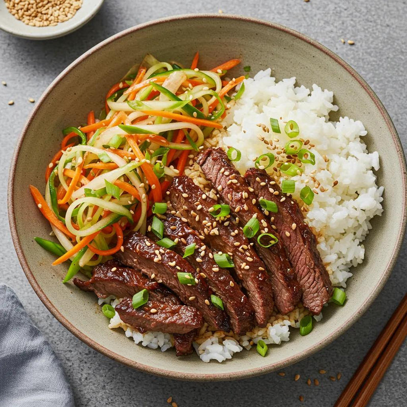 Korean-Inspired Beef Bowls with Sesame Pak Choy & Quick-Pickled Daikon